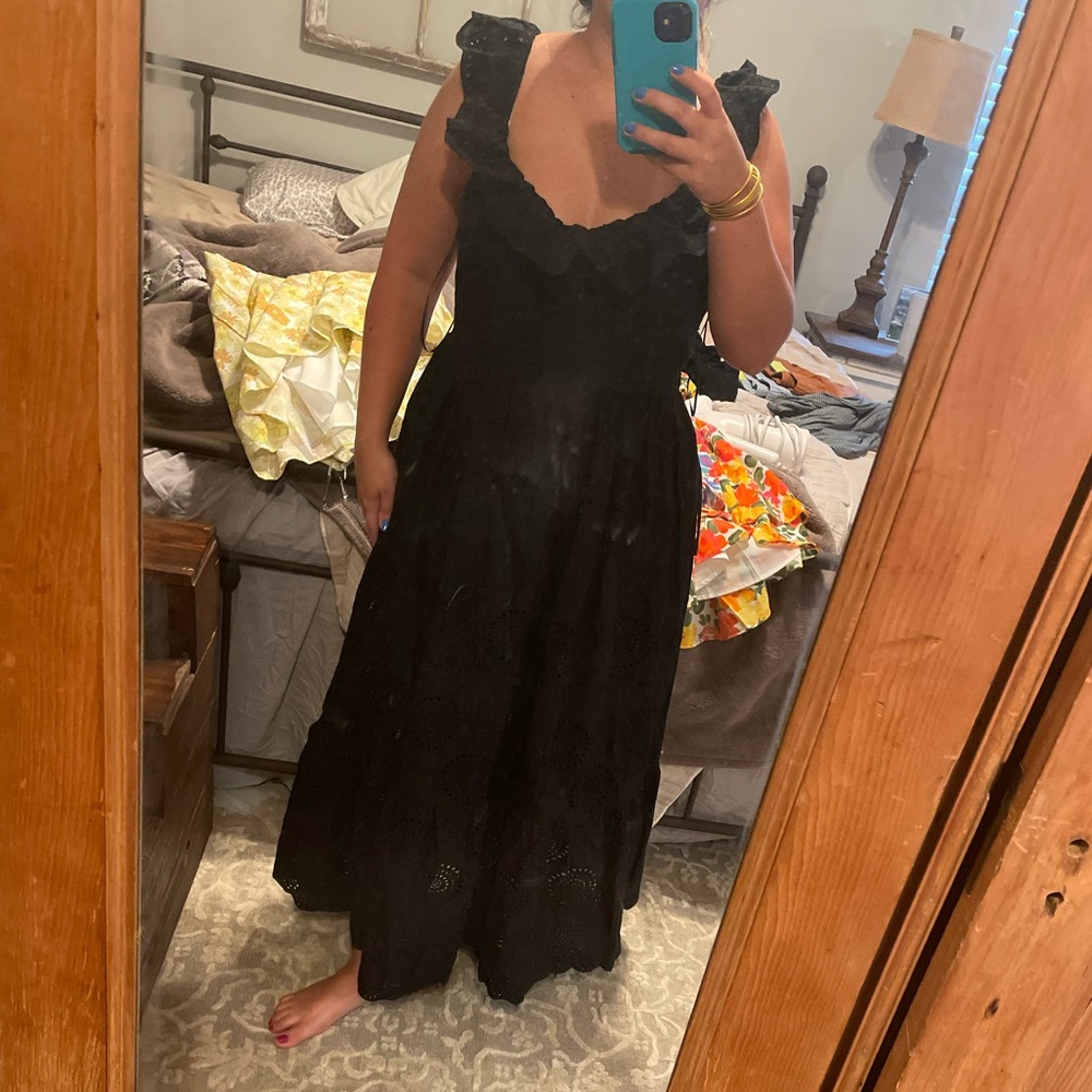 Astr black eyelet ruffled tie back midi